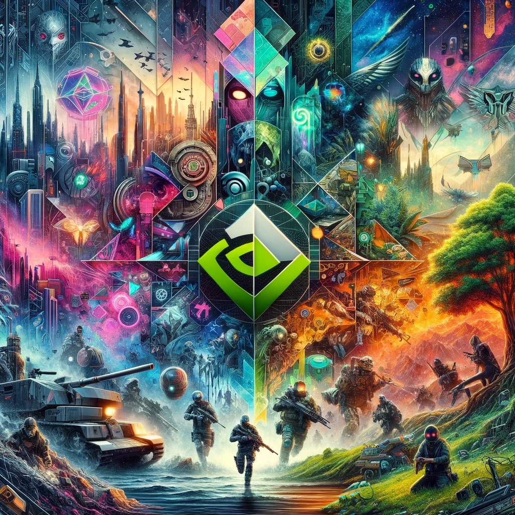 DALLE 2023 12 06 21.00.16 Create a digital collage representing the themes of various games supported by the Nvidia GeForce 546.29 drivers without directly depicting the games