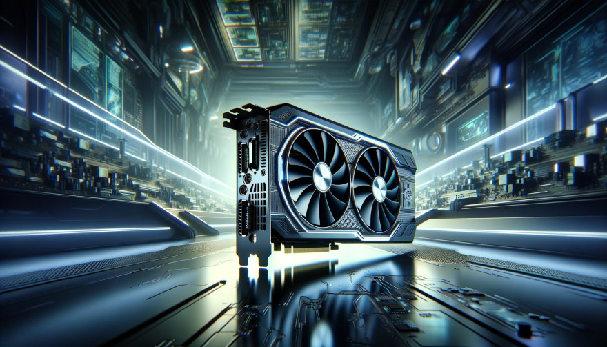 DALLE 2023 11 16 00.00.22 A futuristic representation of an AMD video card from the next generation with advanced ray tracing capabilities comparable to NVIDIAs current models