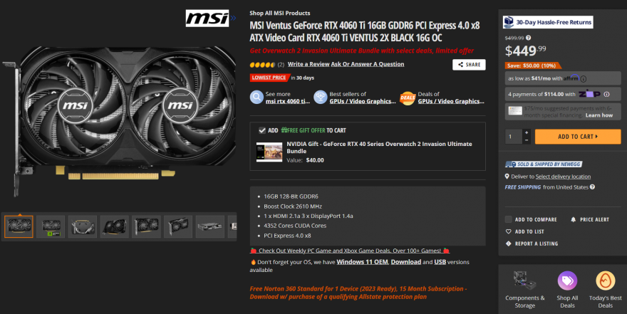 NVIDIA GeForce RTX 4060 Ti 16 GB GPU 449 US 1
