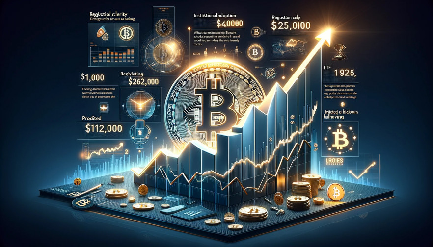 DALLE 2023 11 12 16.32.45 A widescreen infographic image illustrating the current bullish trend of Bitcoin. The image should include a rising graph representing Bitcoins recen
