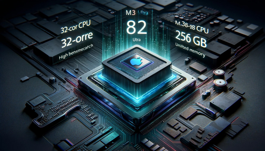 DALLE 2023 11 13 19.28.15 A 16x9 image representing the anticipated Apple M3 Ultra processor. The image should include a high tech futuristic design showcasing the potential 